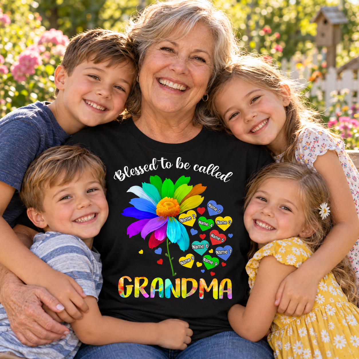 Grandmother in a personalized rainbow daisy Blessed To Be Called Grandma t-shirt hugging grandkids