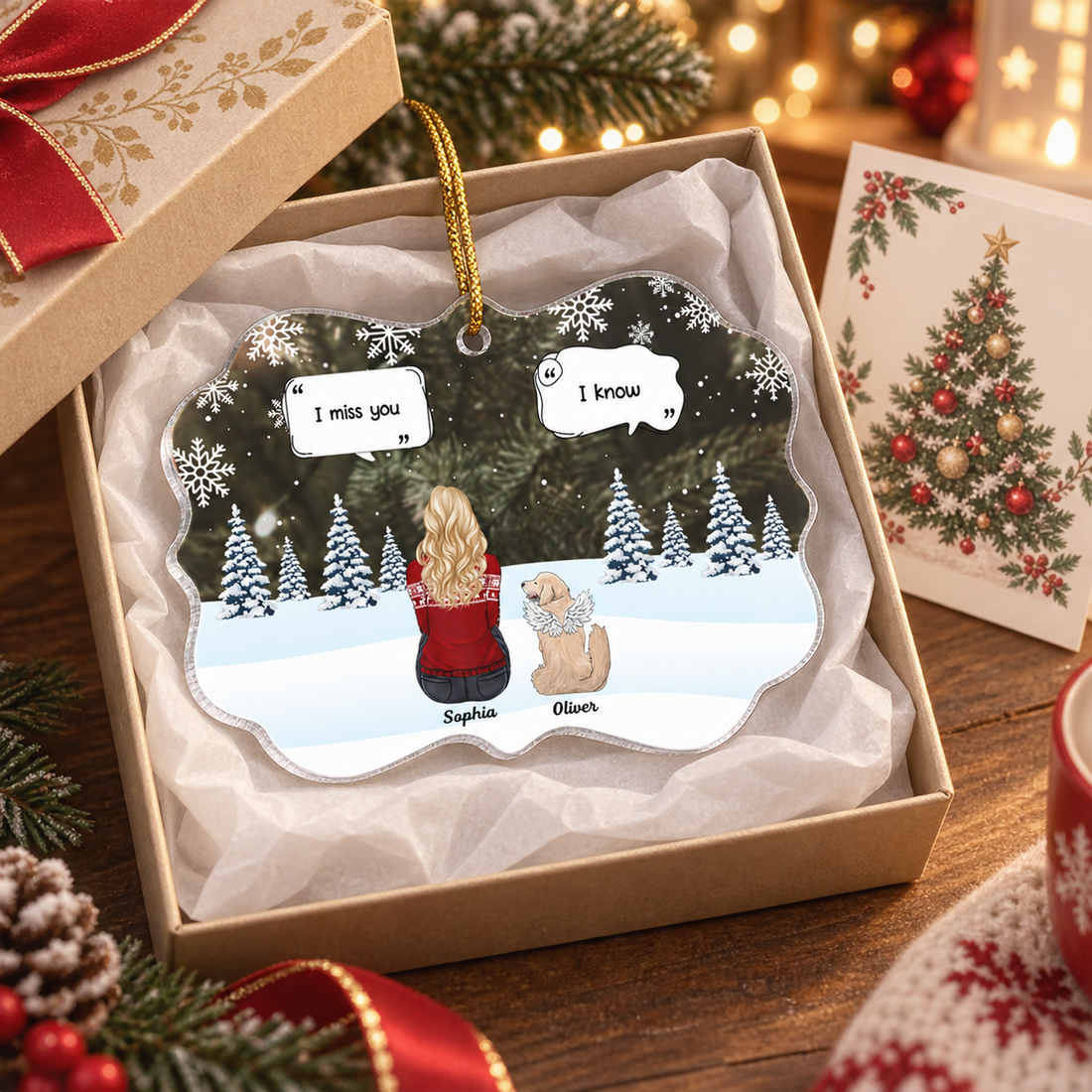 Custom acrylic I Miss You ornament in a gift box with tissue on a wooden table