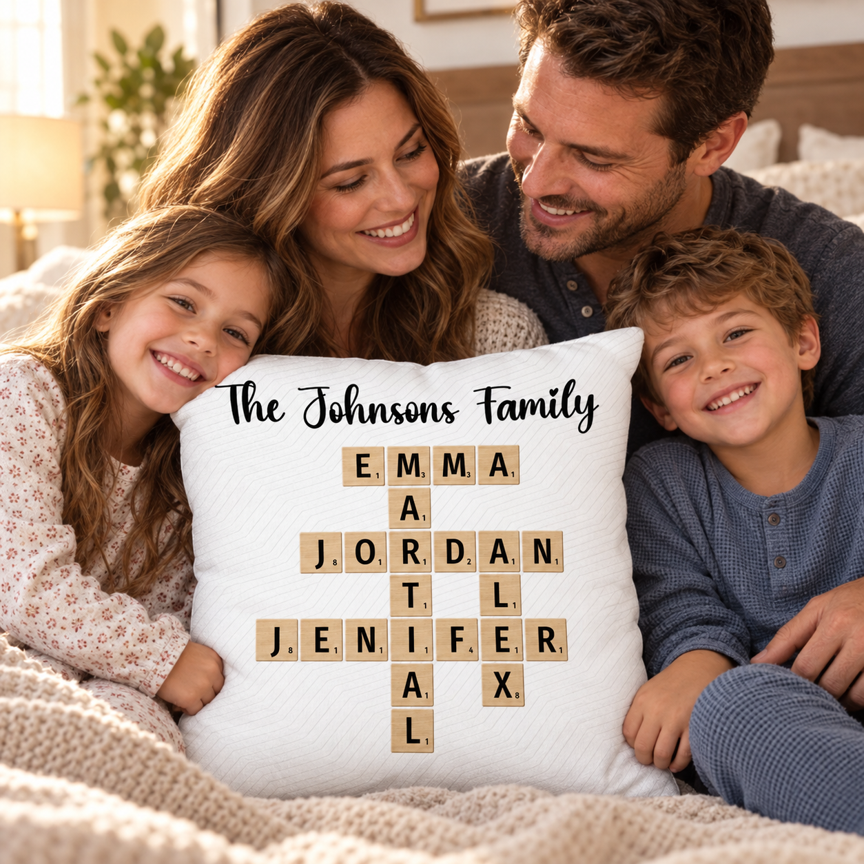 Family on a bed with a personalized crossword family name pillow