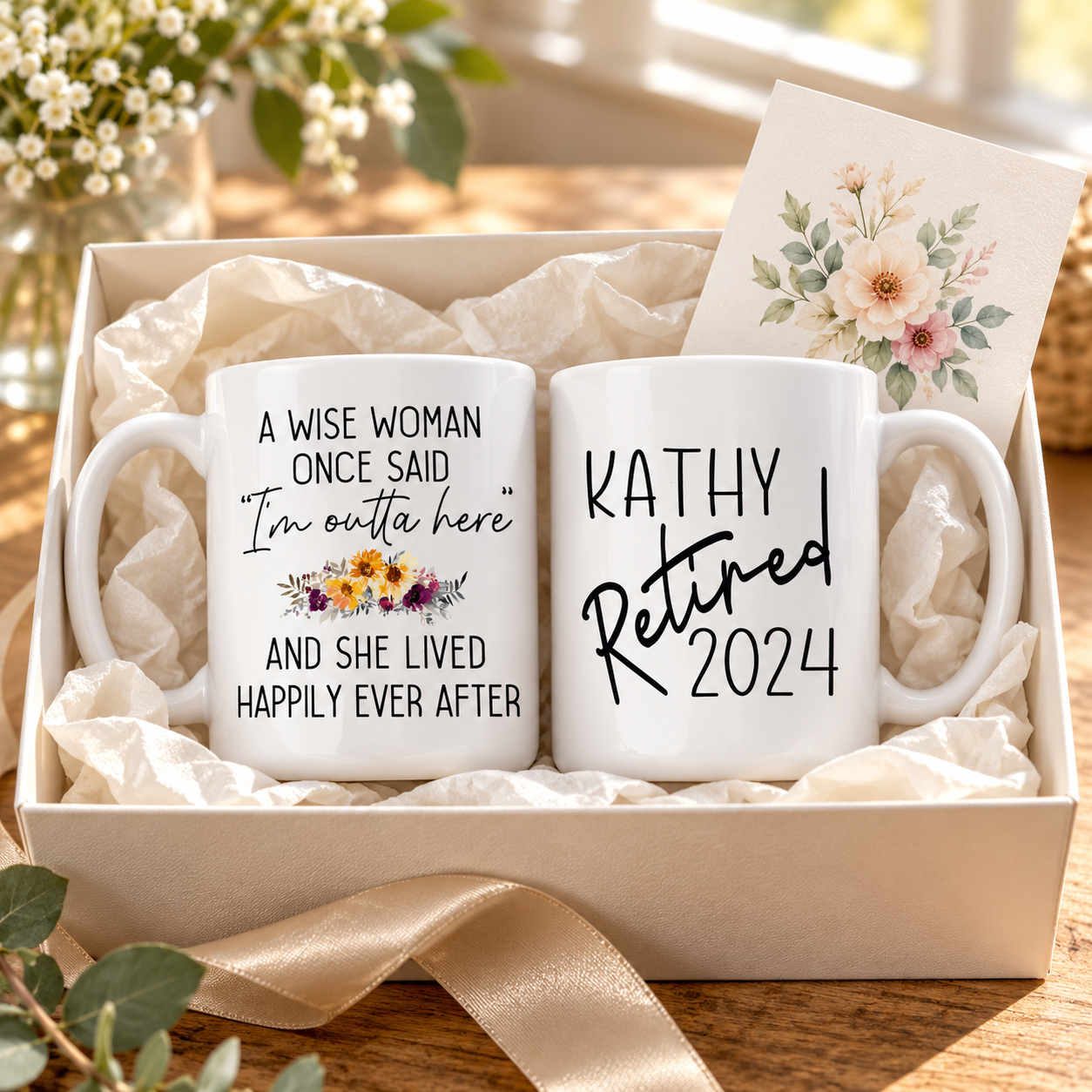 Custom retirement mug in a gift box with tissue and a card for a retiring teacher