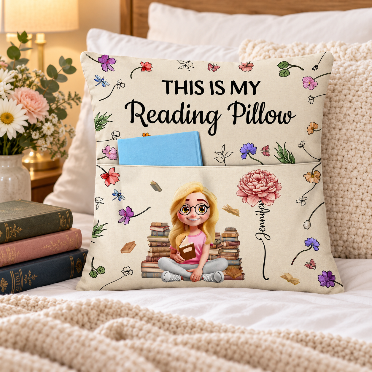 Personalized reading girl pocket pillow on a bed beside a stack of books and flowers as a book lover gift