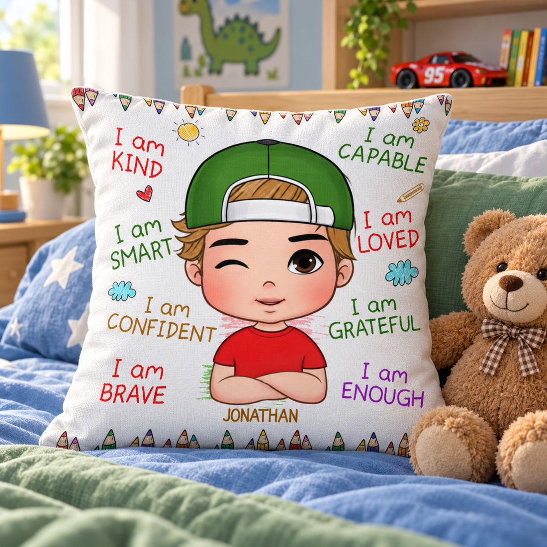Personalized I Am Kind Smart Loved custom pillow on a boy's bed beside a teddy bear