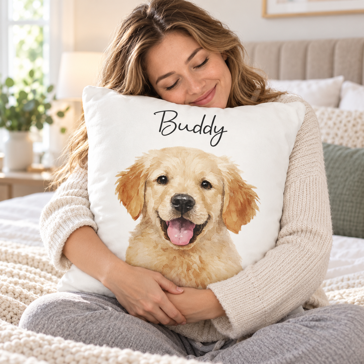 Woman hugging a custom photo watercolor pet pillow on a bed