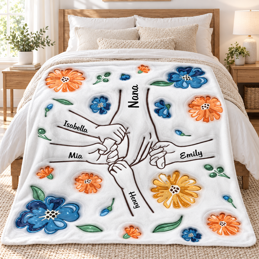 Custom 3D floral hands family names blanket on a bed in a bright bedroom