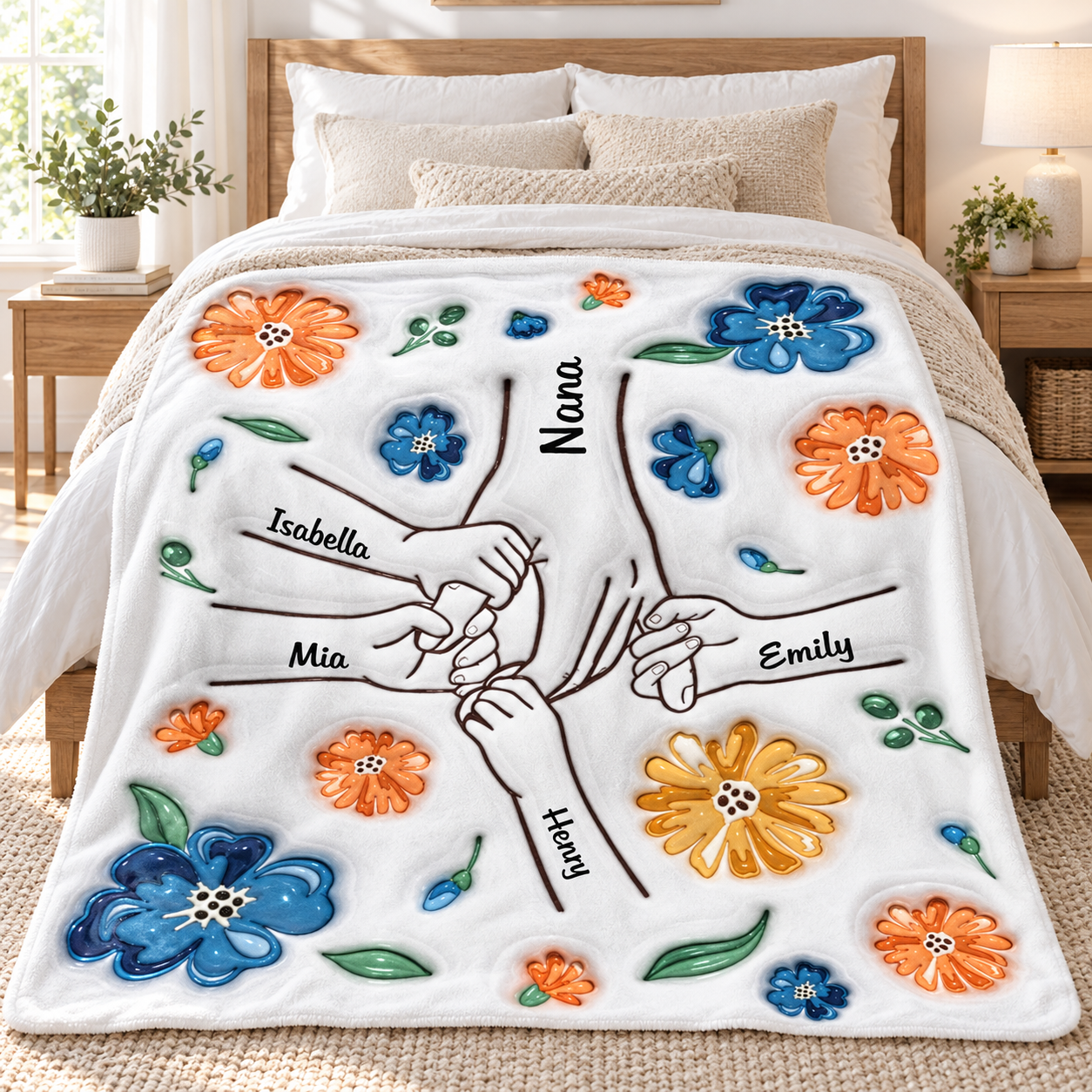 Custom 3D floral hands family names blanket on a bed in a bright bedroom