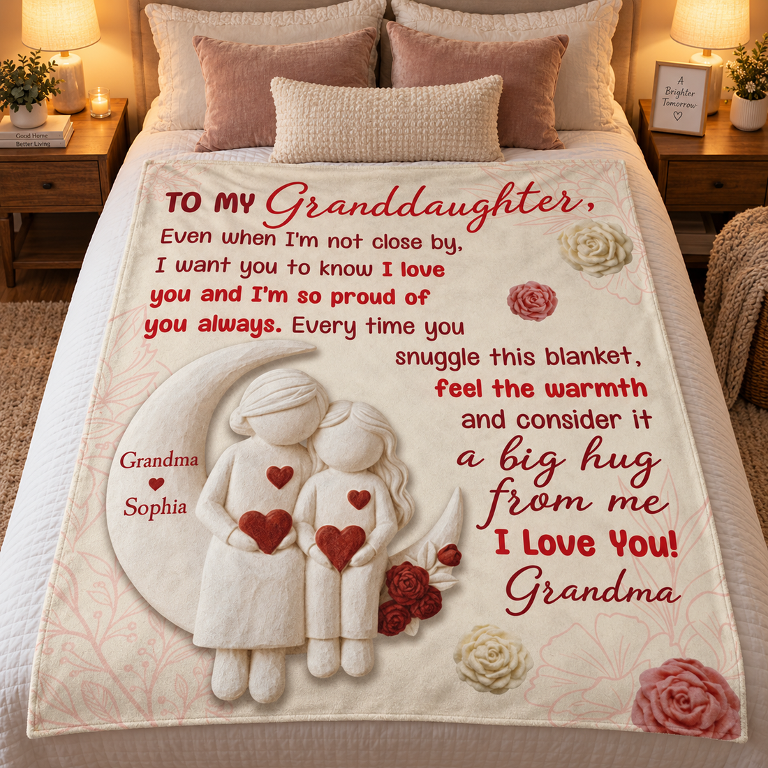 Personalized granddaughter hug blanket spread on a bed in a cozy bedroom