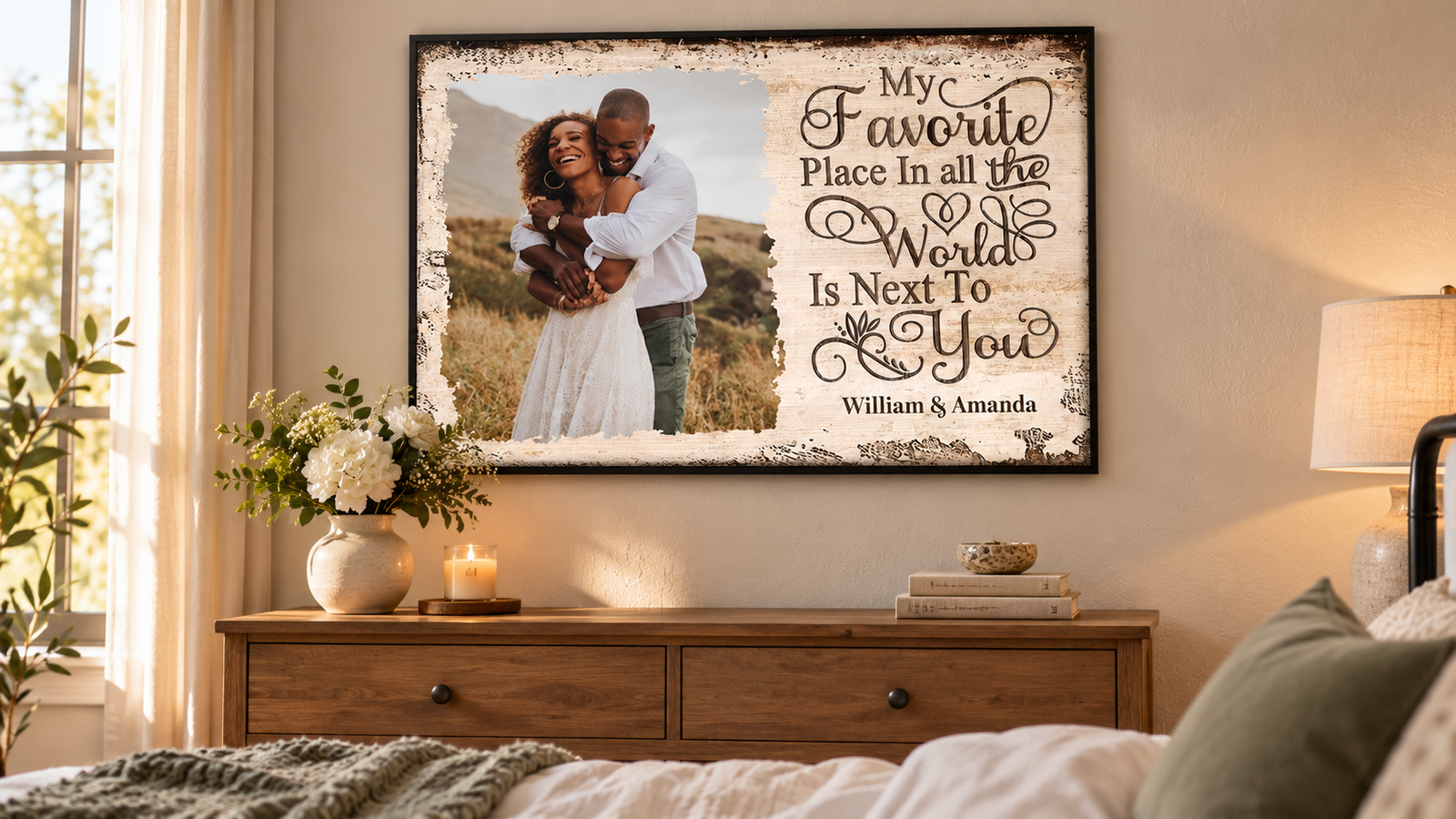 Personalized couple photo poster My Favorite Place hung in a bedroom above a dresser