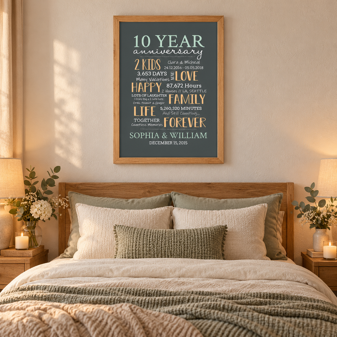 Custom 10 year milestone anniversary canvas print above a bedroom bed with candles