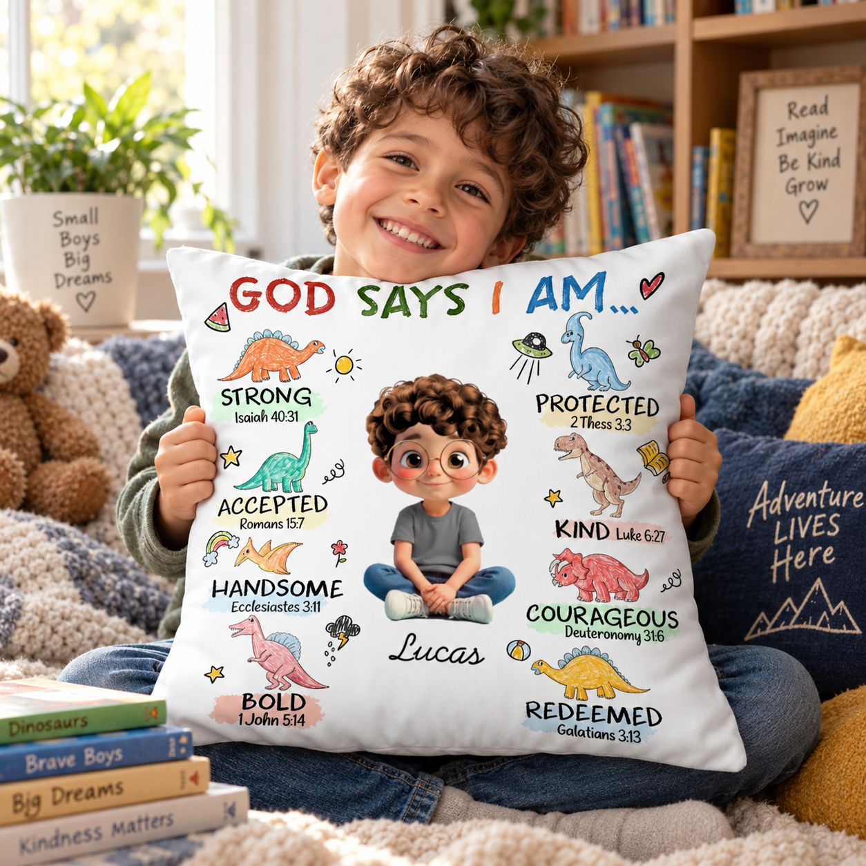 Smiling boy holding a personalized God Says I Am dinosaur pillow in a reading nook