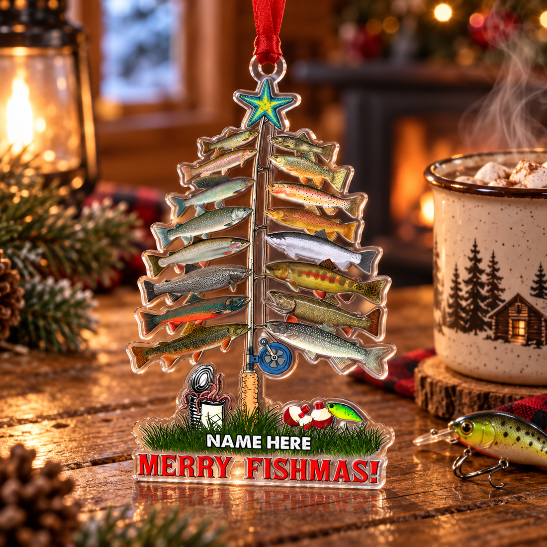 Personalized fishing Merry Fishmas ornament on a cabin table with hot cocoa and a lure