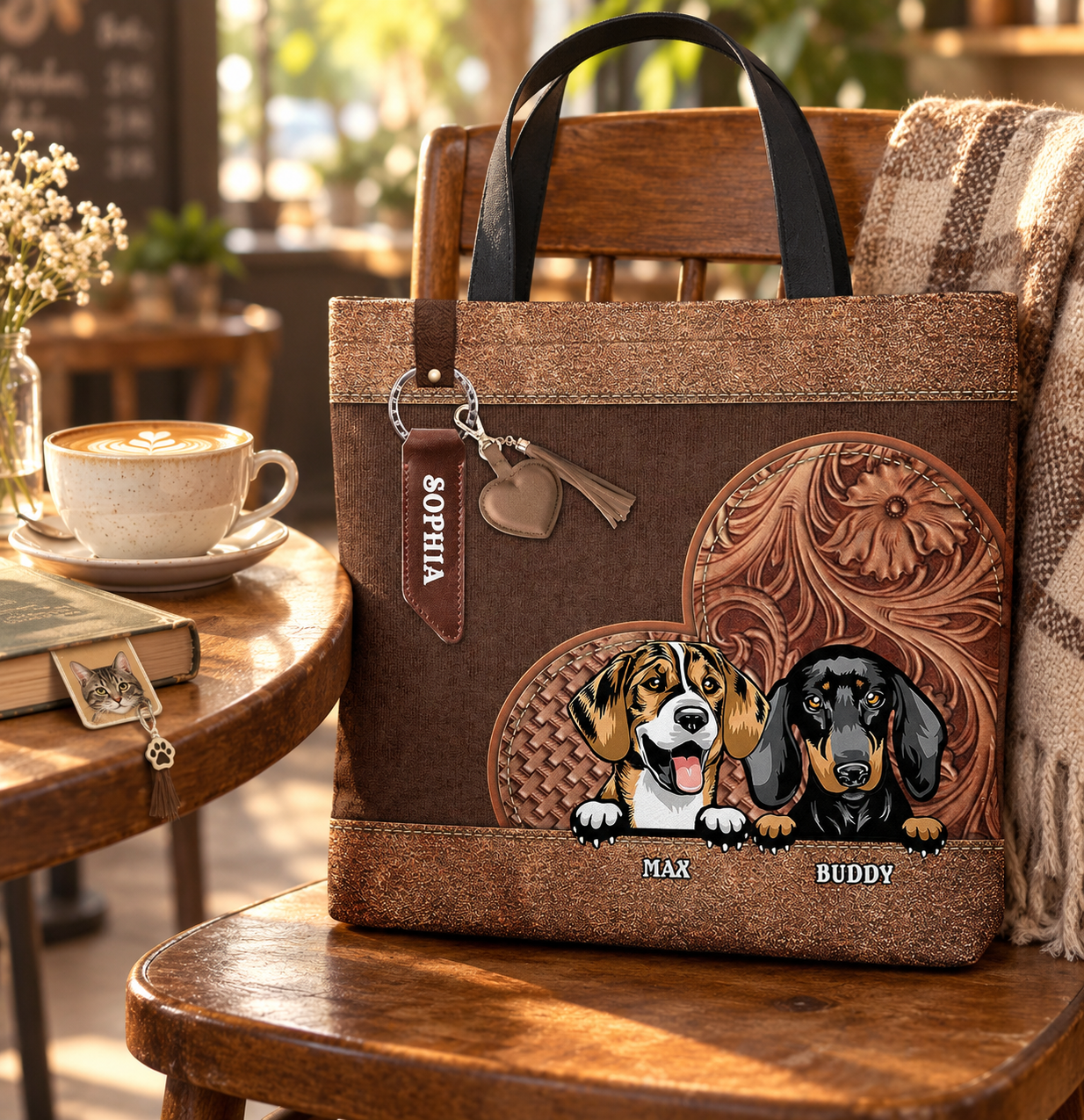 Personalized dog tote bag with pet names on a cafe chair beside coffee