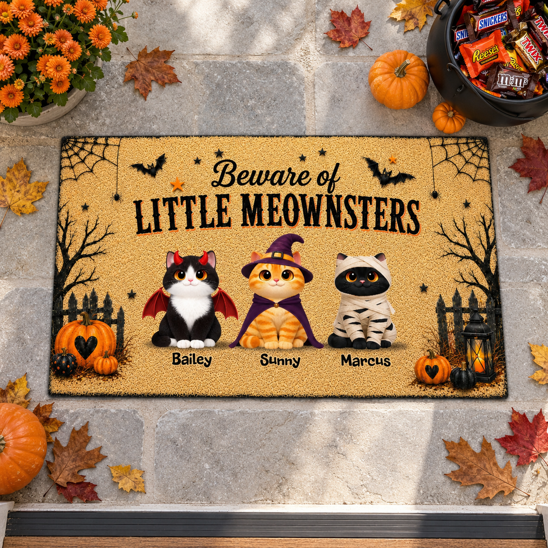 Top view of a Beware of Little Meownsters Halloween doormat on a stone porch with pumpkins, leaves and a candy bucket