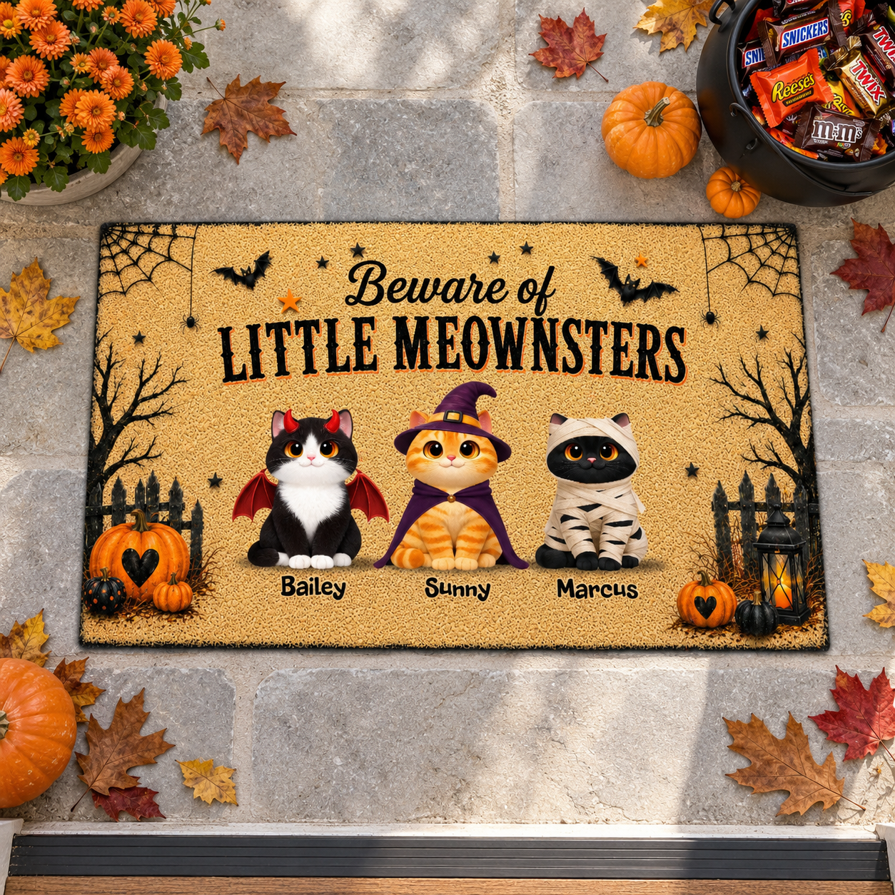 Top view of a Beware of Little Meownsters Halloween doormat on a stone porch with pumpkins, leaves and a candy bucket