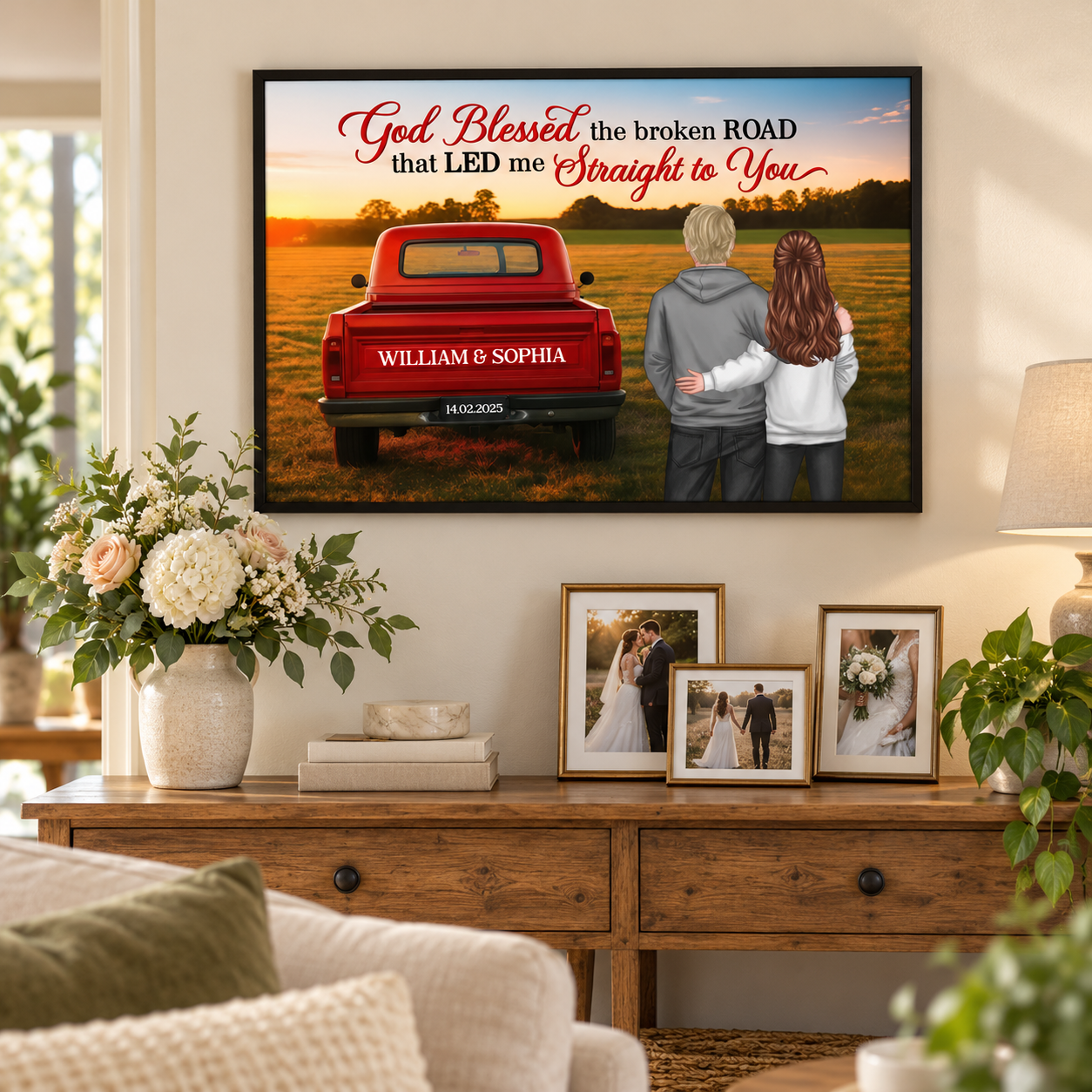 Personalized couple red truck God Blessed the broken road canvas print above a console table