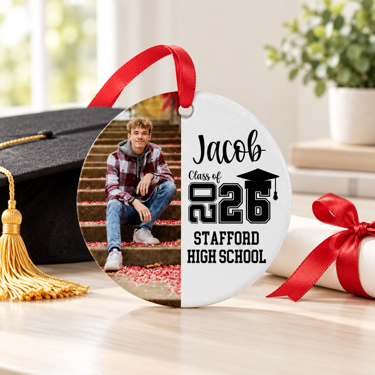 Senior keepsake ceramic ornament on a desk beside a graduation cap and diploma