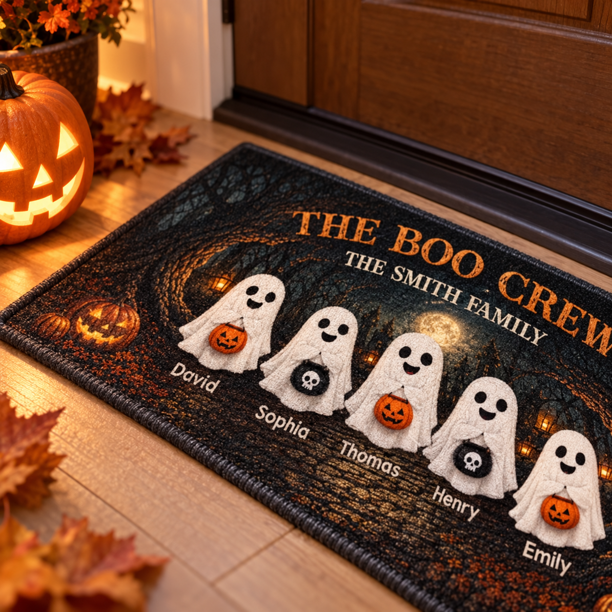 Close-up of a personalized Halloween runner rug corner beside a front door and jack-o'-lantern