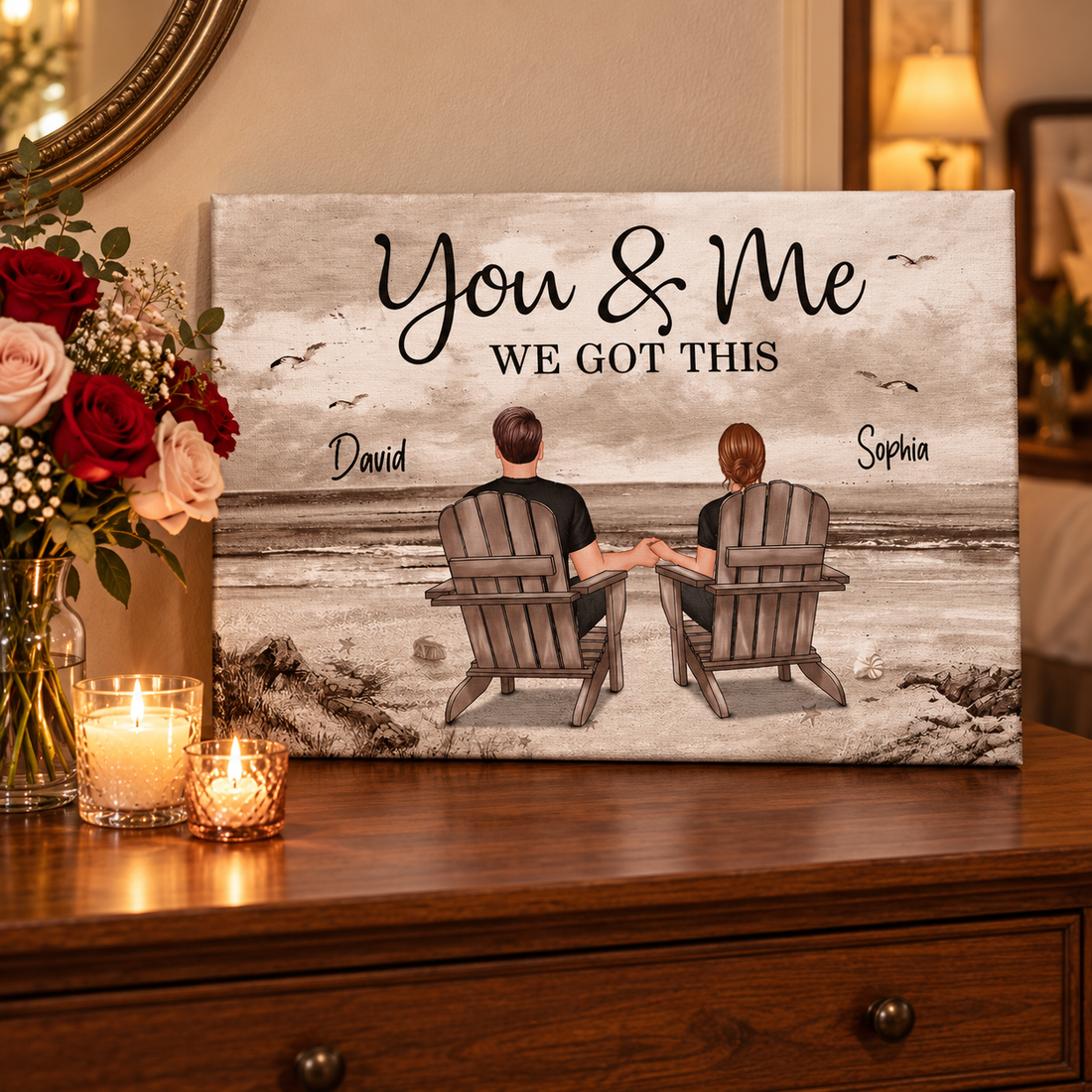 Custom couple beach canvas with Adirondack chairs and names on a dresser with roses and candles