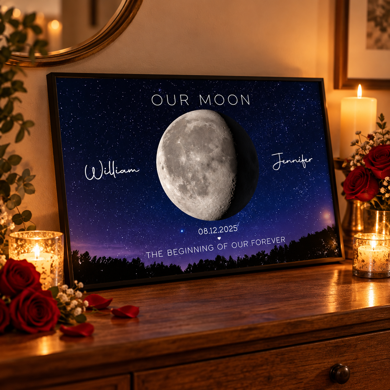 Custom Our Moon moon phase poster on a dresser with candles and red roses