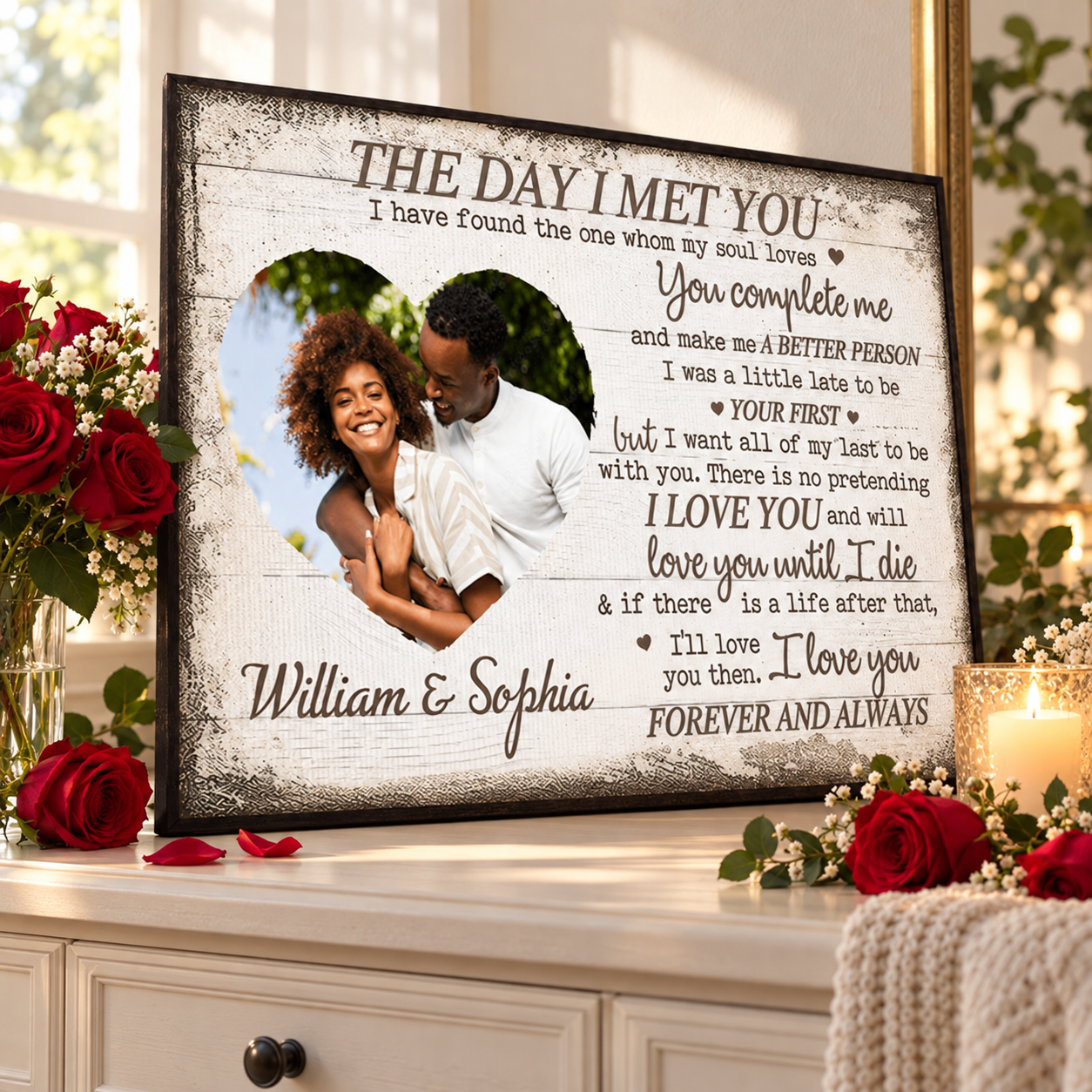 Custom The Day I Met You couple photo poster on a dresser with red roses and a candle