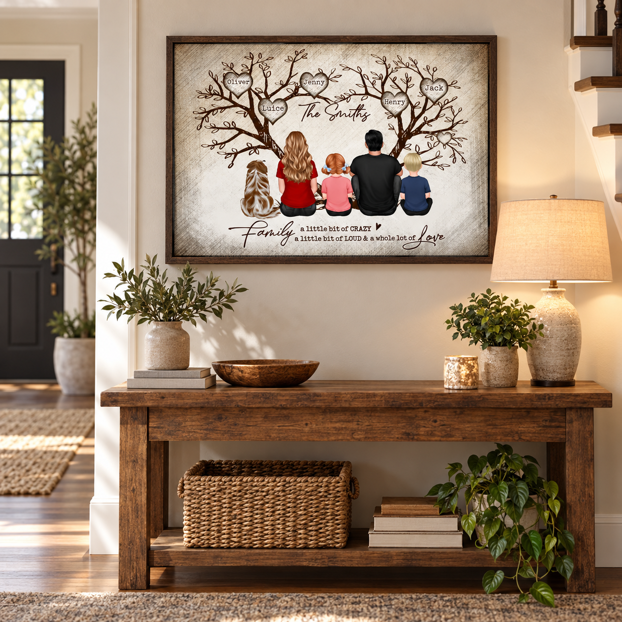 Custom family heart tree poster in an entryway above a console table with a lamp