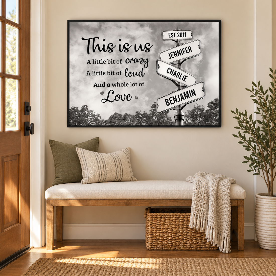 Custom This Is Us family names signpost poster above an entryway bench with a basket