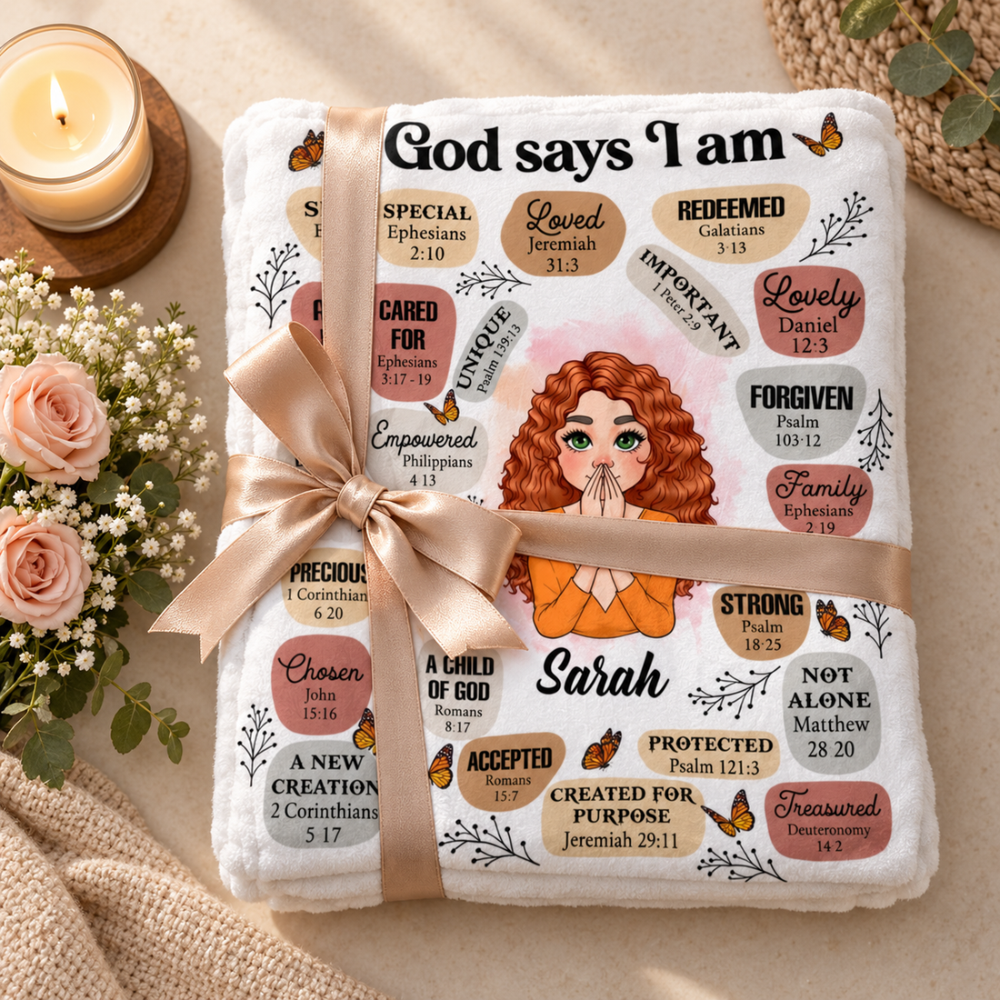 Custom God Says I Am Special blanket folded with ribbon beside a candle and flowers
