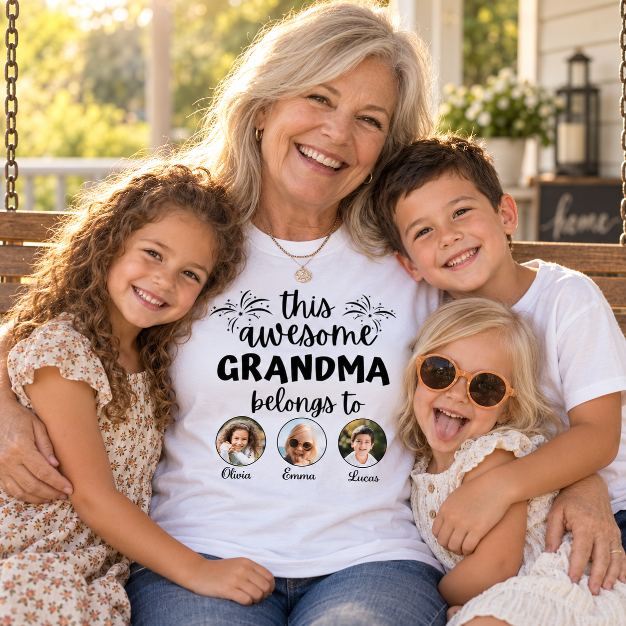 Happy grandma wearing a personalized Grandma Belongs To t-shirt hugging her grandkids on a porch swing