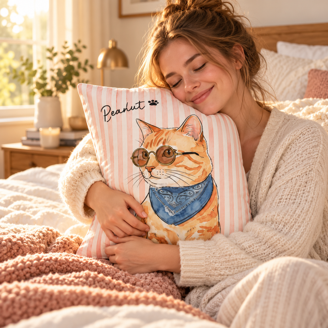 Woman hugging a personalized pet watercolor art pillow on a bed in morning light