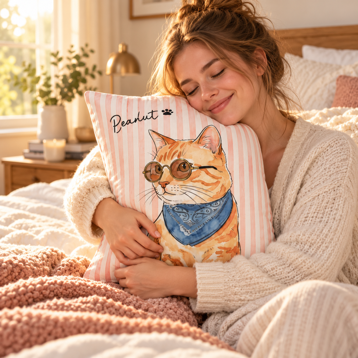Woman hugging a personalized pet watercolor art pillow on a bed in morning light