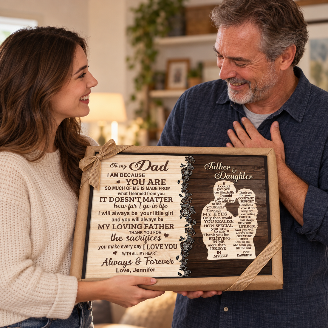 Daughter presenting a wrapped To My Dad poster to her smiling father for Father's Day