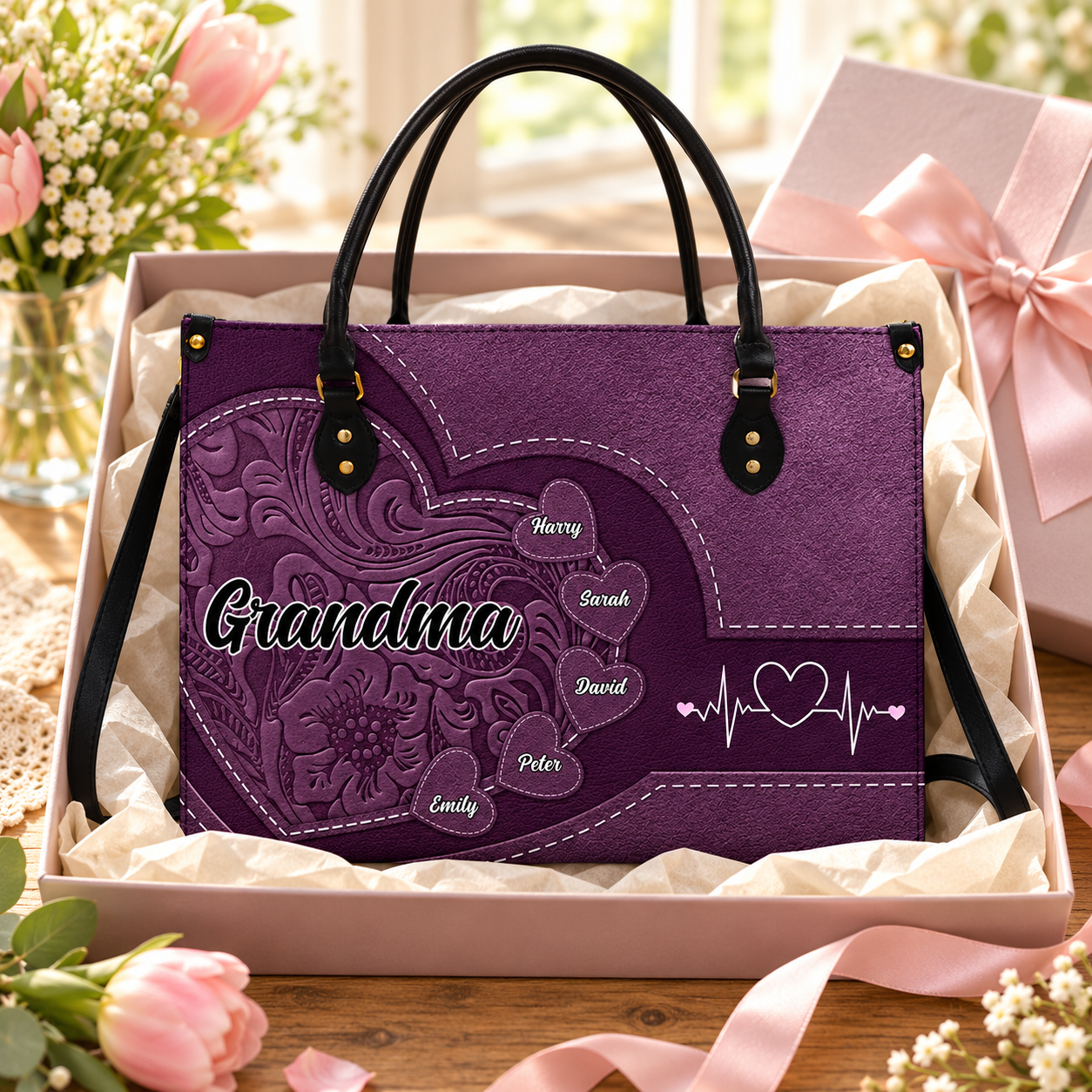 Custom leather handbag with kids' names in a gift box with tissue paper for Grandma