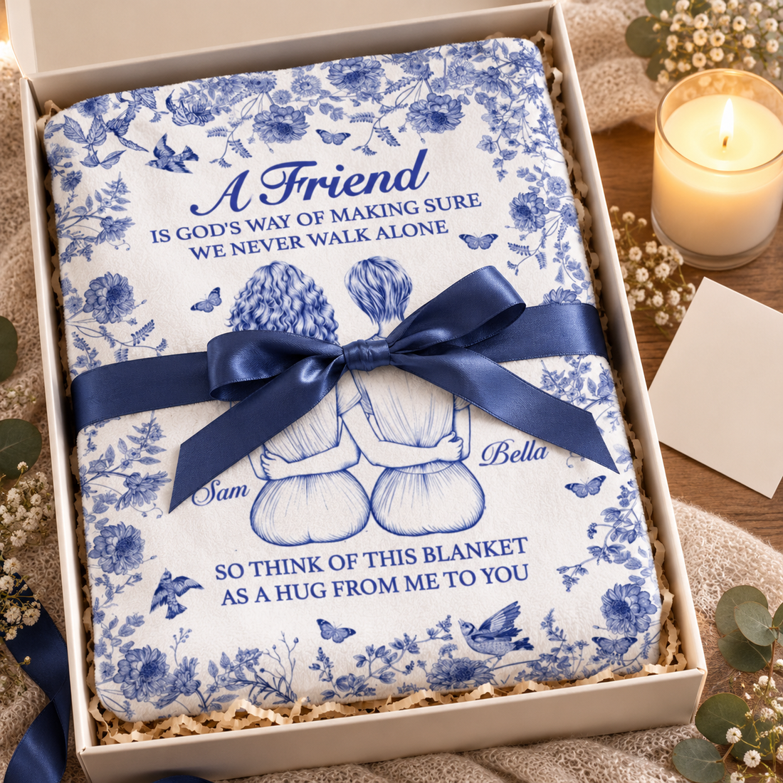 Personalized besties blanket folded with a ribbon in a gift box beside a candle