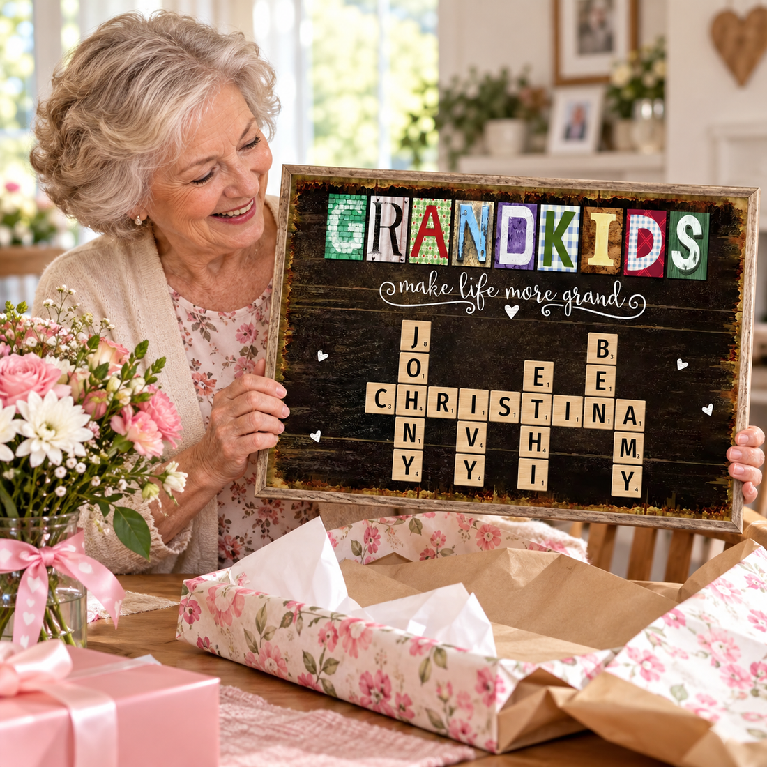 Grandma opening a custom grandkids crossword canvas as a Mother's Day gift with flowers