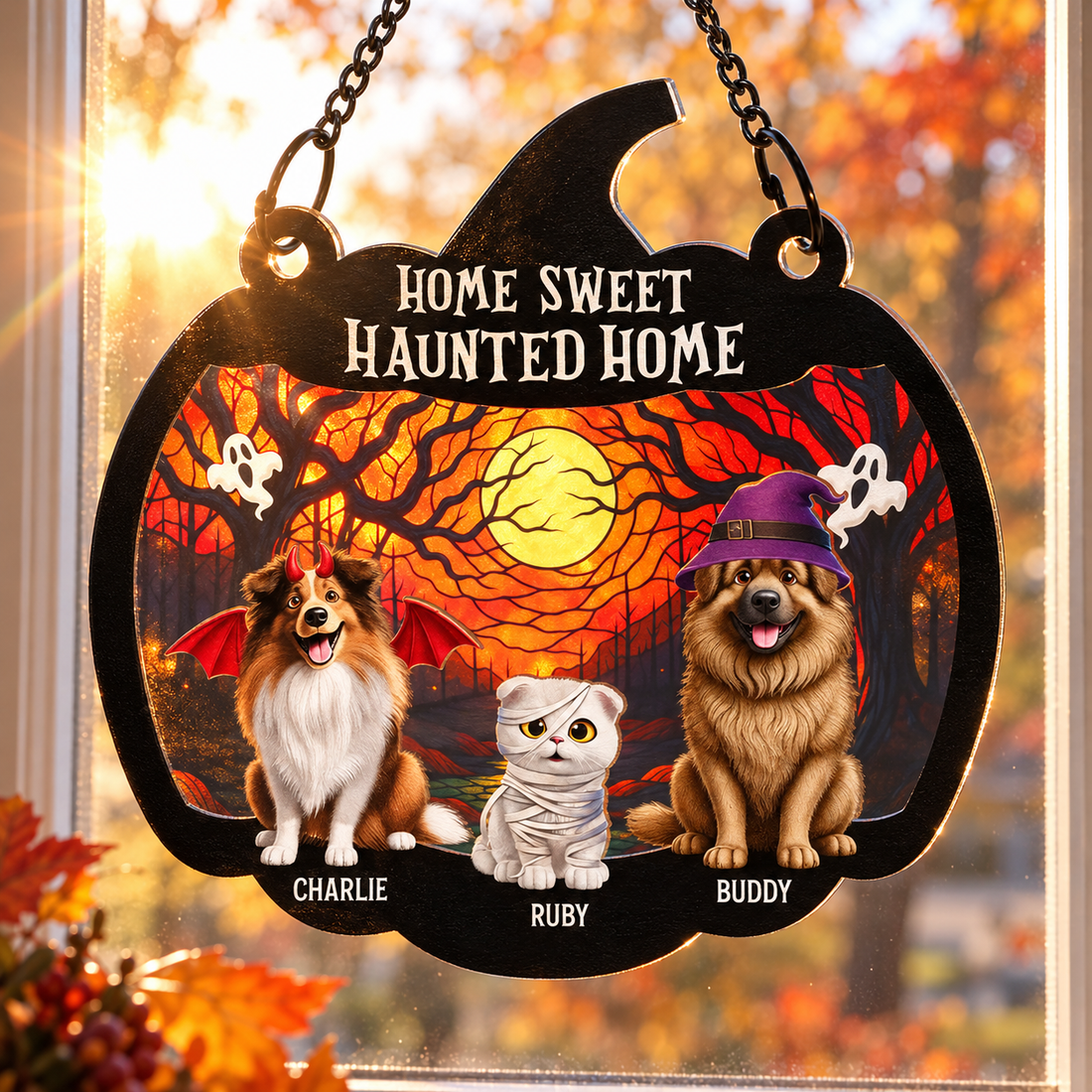 Close-up of a personalized Halloween suncatcher glowing with sunlight on a window with autumn trees