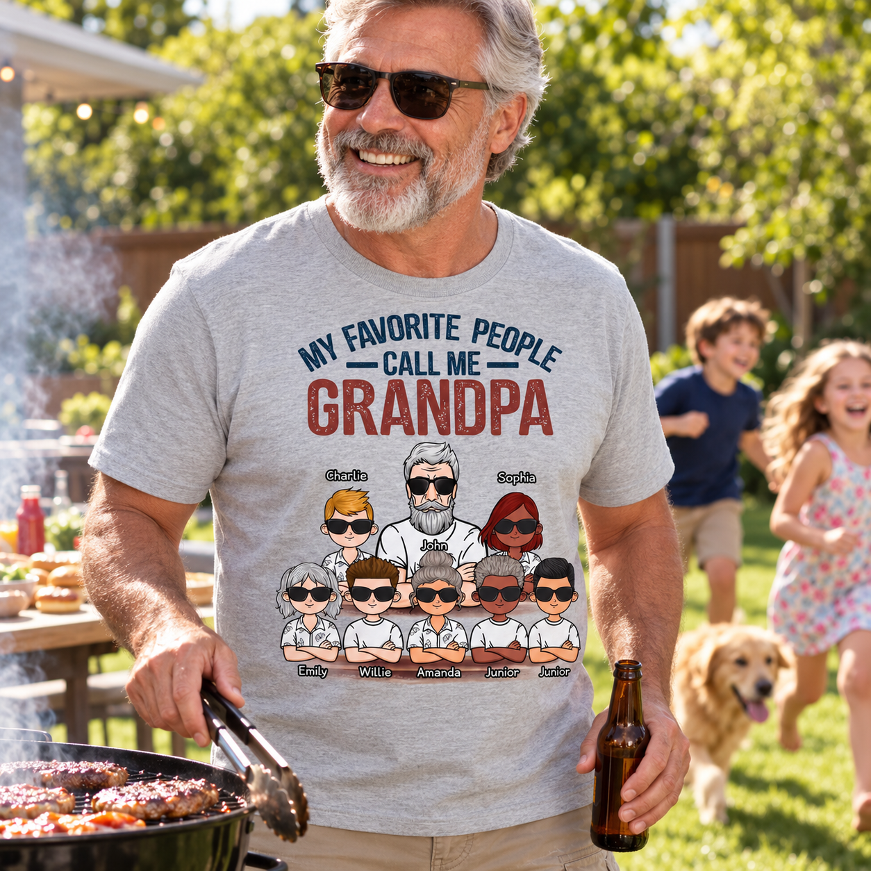 Proud dad wearing a personalized My Favorite People t-shirt grilling in the backyard with kids playing