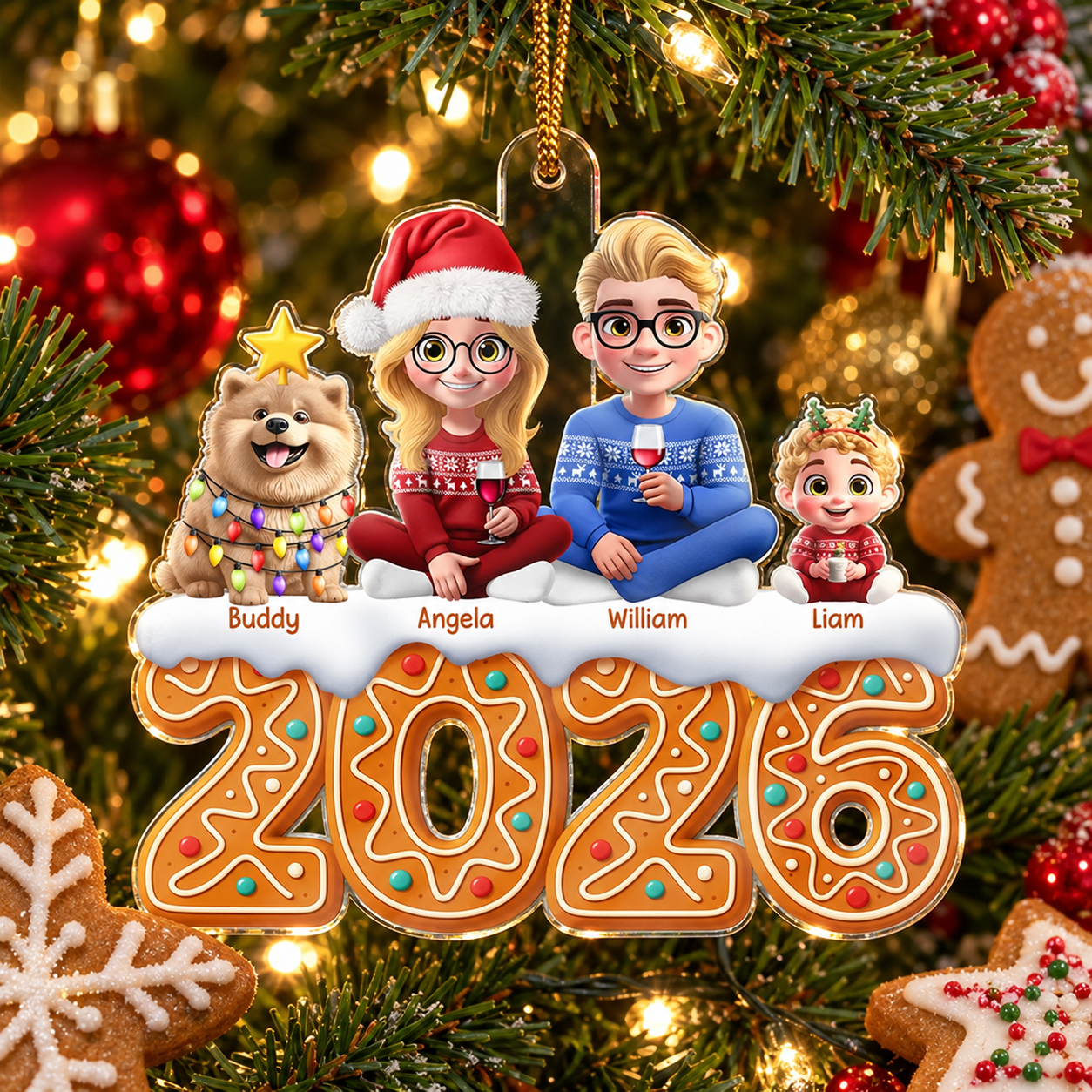 Custom gingerbread family 3D acrylic Christmas ornament hanging on a tree beside gingerbread cookies