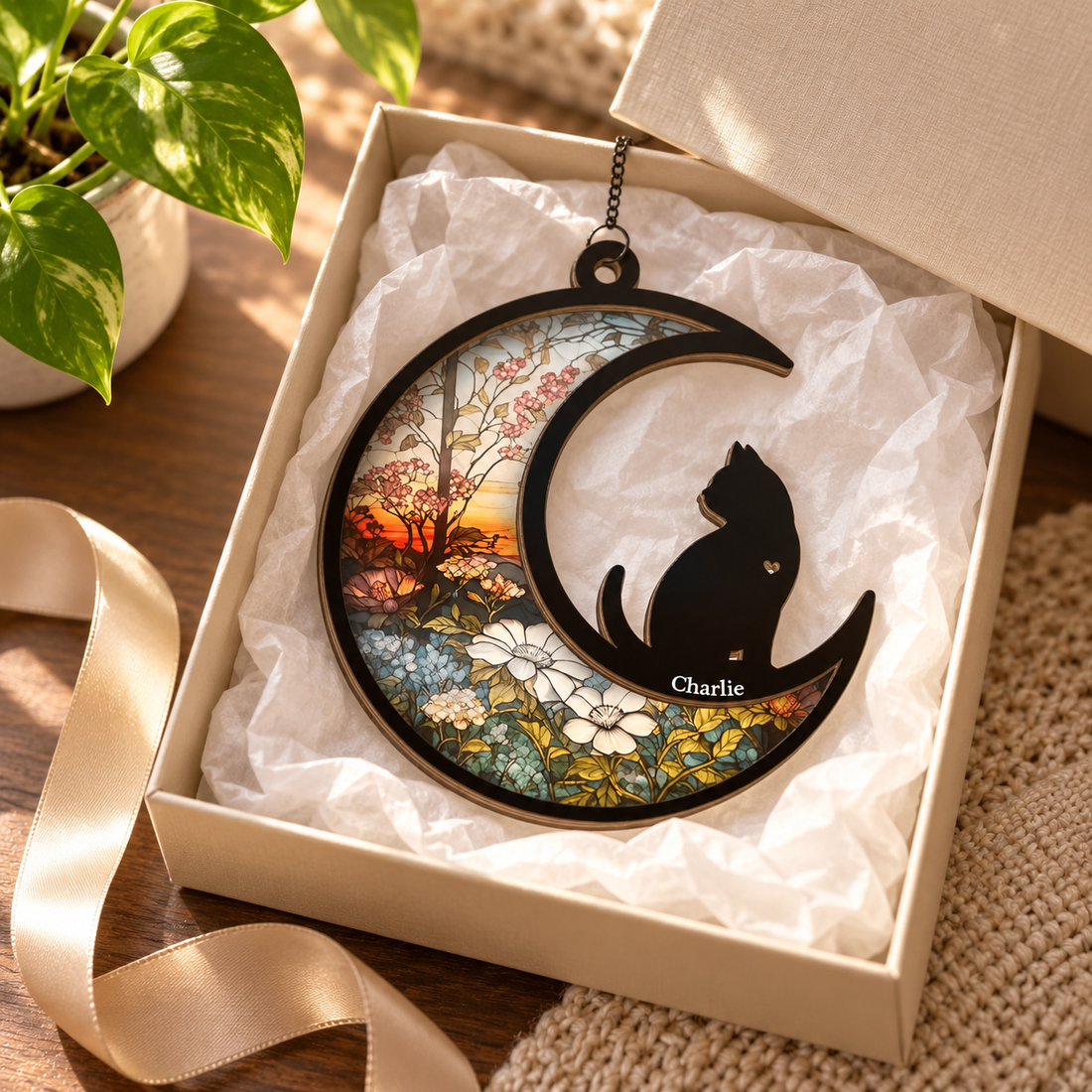 Custom cat memorial suncatcher in a gift box with white tissue and ribbon beside a small plant