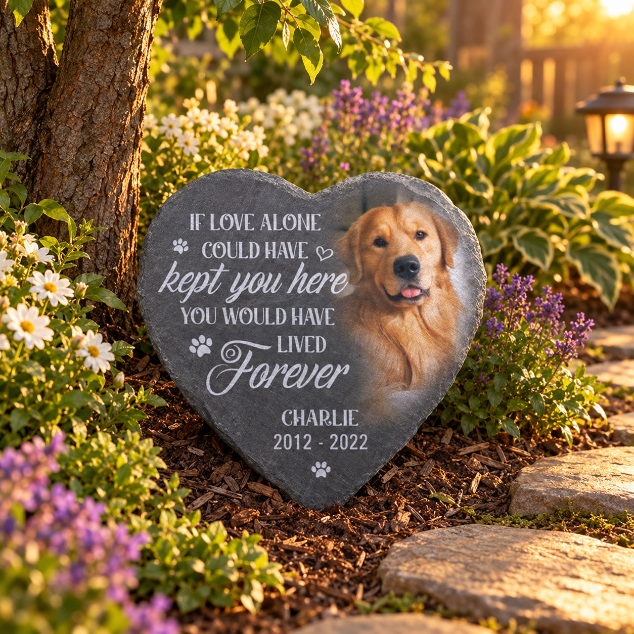 Custom If Love Alone Could Have Kept You Here pet memorial slate heart stone in a sunlit backyard garden