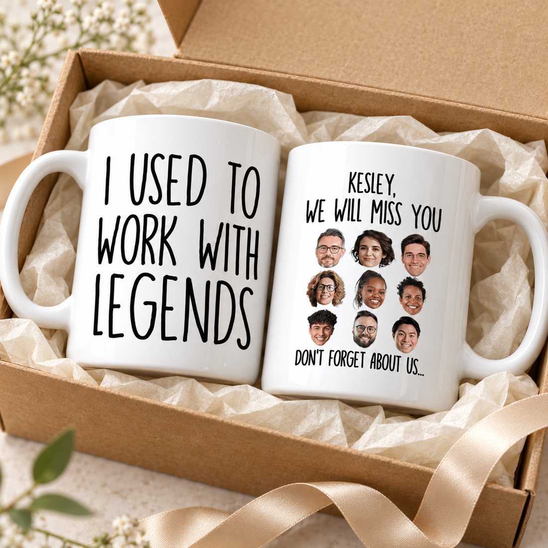 Pair of I Used To Work With Legends custom photo mugs in a kraft gift box