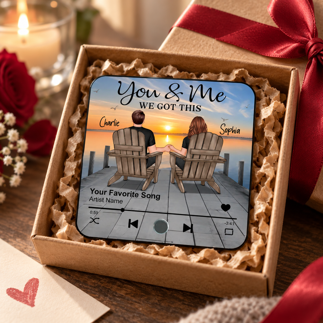 Custom couple song fridge magnet in a kraft gift box with ribbon
