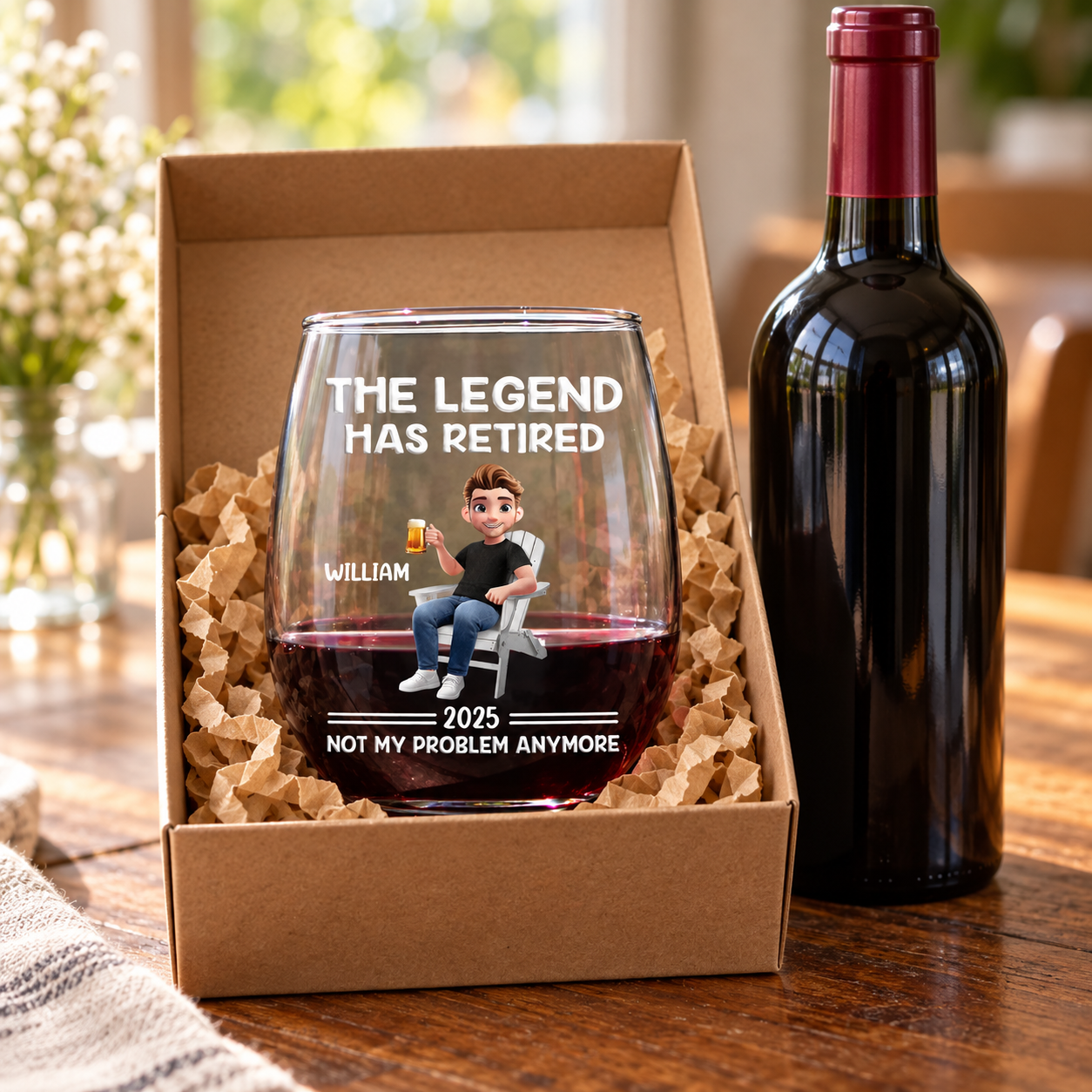 Personalized retirement wine glass in a gift box beside a wine bottle