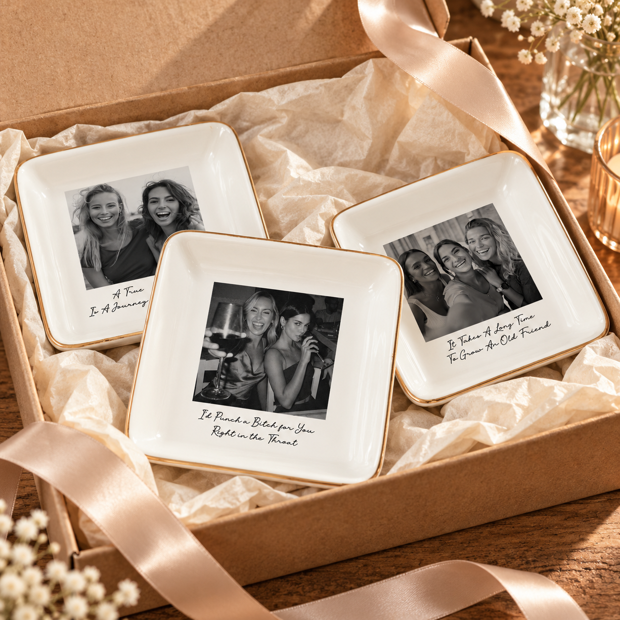 Custom photo besties jewelry dish in a kraft gift box with tissue paper and ribbon
