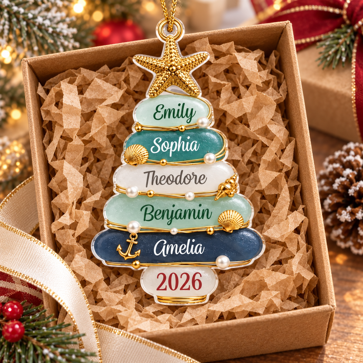 Personalized family acrylic Christmas ornament in a kraft gift box with ribbon