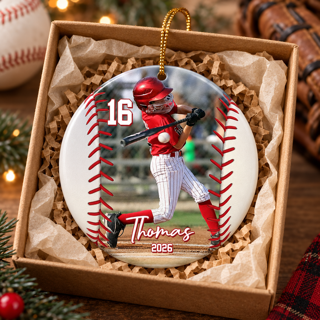 Custom baseball player round ceramic ornament in a kraft gift box with a baseball glove