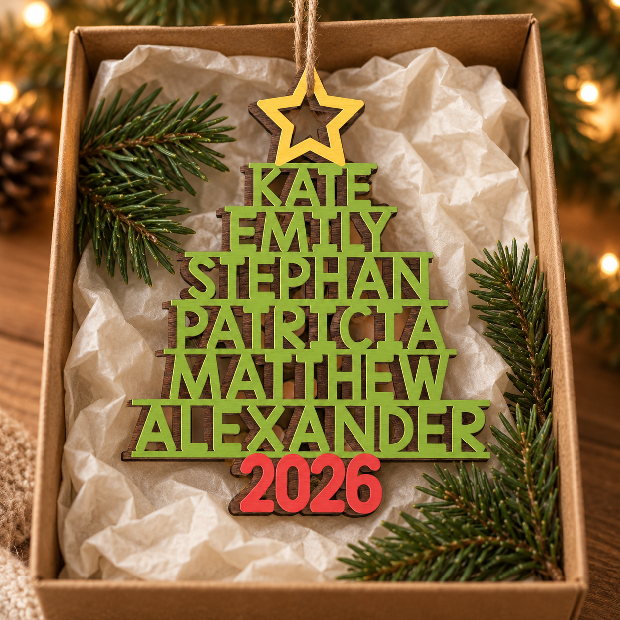 Custom family names Christmas tree wood ornament in a kraft gift box with tissue paper and pine sprigs
