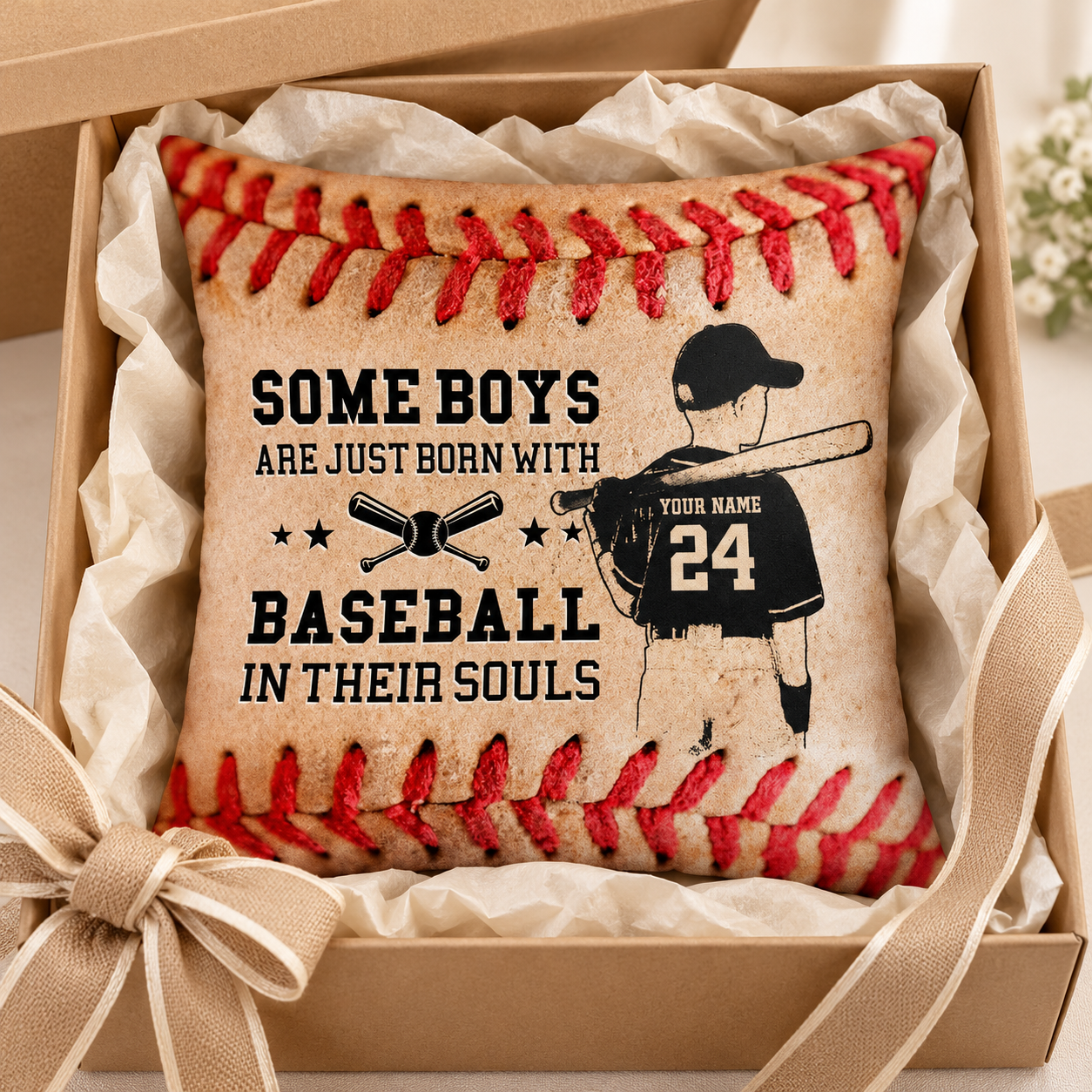 Custom baseball grandson pillow in a kraft gift box with tissue paper and ribbon