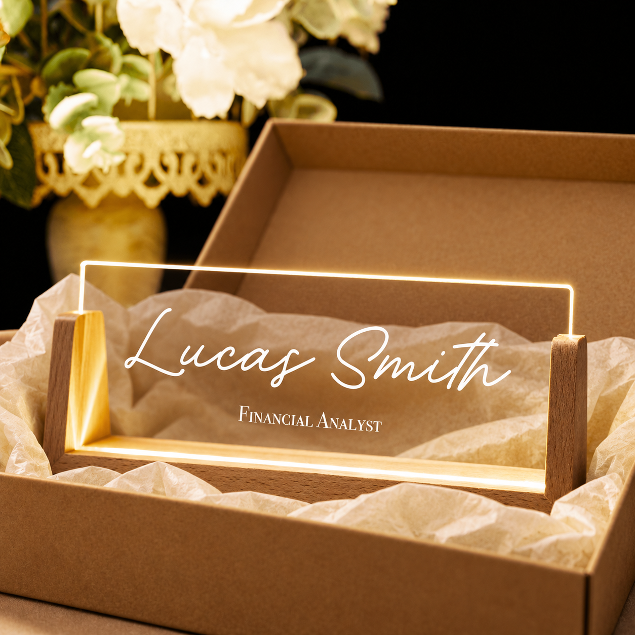 Personalized name desk plate in a kraft gift box with tissue paper, gift for a new employee
