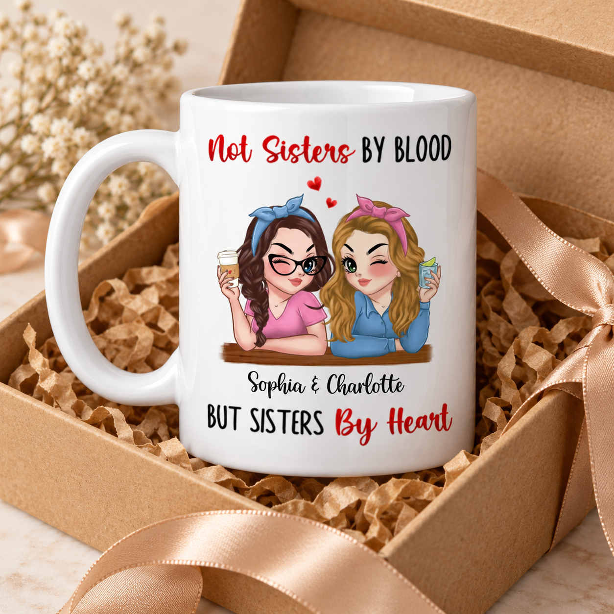 Custom besties Sisters By Heart mug in a gift box with ribbon