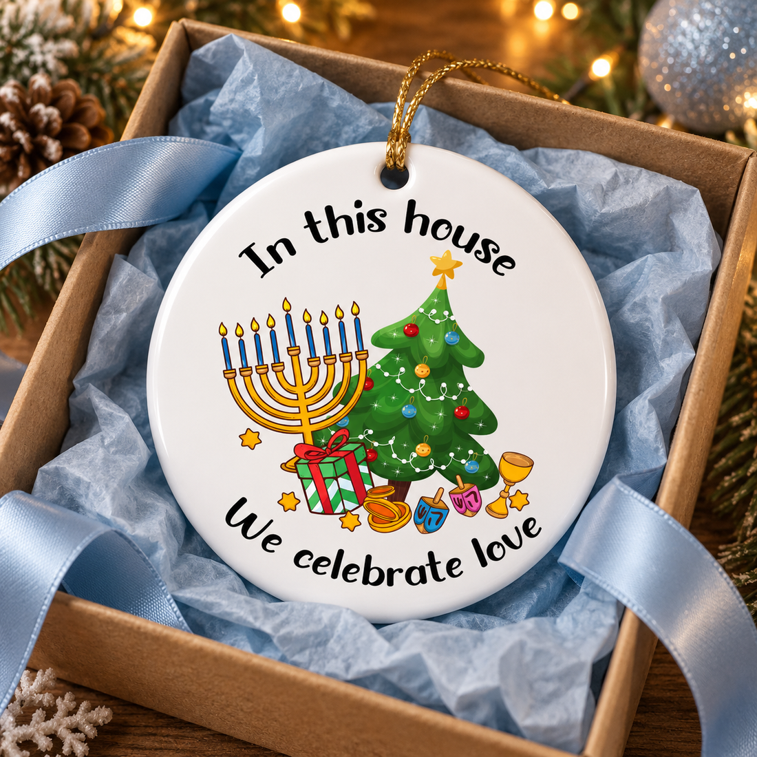 Interfaith Hanukkah Christmas ceramic ornament in a gift box with blue ribbon