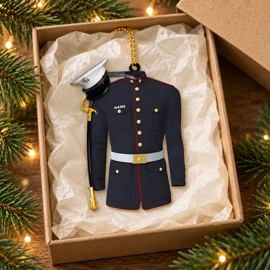 Custom Marine uniform acrylic ornament in a kraft gift box with tissue paper and pine sprigs
